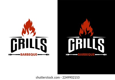 Barbecue restaurant logo Grill Design Element in Vintage Style for Logotype, Label, Badge and other design. Fire flame retro vector illustration.