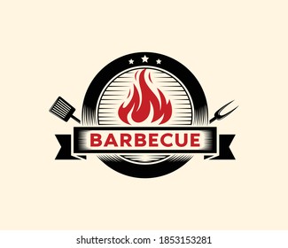 Barbecue restaurant - Logo icon of Barbecue, Grill and Bar with fire, grill fork and spatula. BBQ logo template. Vector illustration