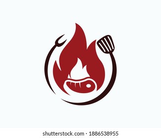 Barbecue restaurant - Logo icon of Barbecue, Grill and Bar with fire, grill fork and spatula. BBQ logo template. Vector illustration