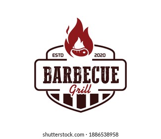 Restaurante de barbacoa - Icono de logo de Barbacoa, Grill y Bar con chimenea, tenedor de parrilladas y espátula. Plantilla de logotipo de barbacoa. Ilustración del vector