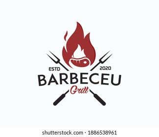 Barbecue restaurant - Logo icon of Barbecue, Grill and Bar with fire, grill fork and spatula. BBQ logo template. Vector illustration