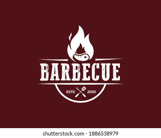 Barbecue Restaurant - Logo Icon Of Barbecue, Grill And Bar With Fire, Grill Fork And Spatula. BBQ Logo Template. Vector Illustration