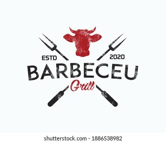 Restaurante de barbacoa - Icono de logo de Barbacoa, Grill y Bar con chimenea, tenedor de parrilladas y espátula. Plantilla de logotipo de barbacoa. Ilustración del vector