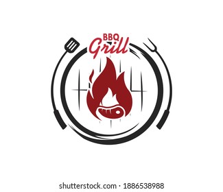 Restaurante de barbacoa - Icono de logo de Barbacoa, Grill y Bar con chimenea, tenedor de parrilladas y espátula. Plantilla de logotipo de barbacoa. Ilustración del vector