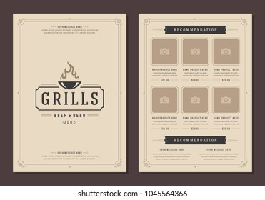 Barbecue restaurant logo and menu design vector brochure template. Grill silhouette.