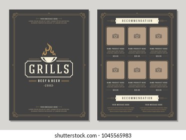 Barbecue restaurant logo and menu design vector brochure template. Grill silhouette.