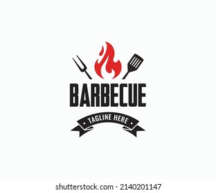 Barbecue restaurant logo, poster. BBQ trendy logo with barbecue grill, spatula, and a grill fork.