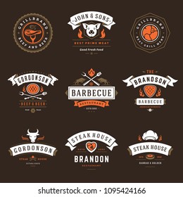 Barbecue restaurant logos and badges set vector illustration. Grill steak house menu emblems and food silhouettes. Vintage typography design.