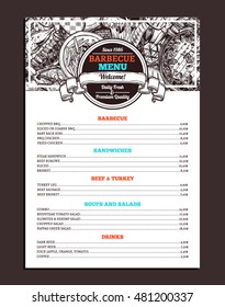 Barbecue Restaurant Menu. Template Design Of Bbq Brochure On Chalkboard