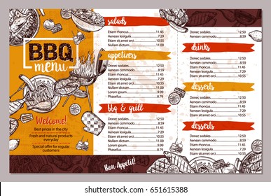 Barbecue Restaurant Menu. Template Design Of Bbq Brochure In Sketch Style