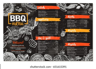 Barbecue Restaurant Menu. Template Design Of Bbq Brochure In Sketch Style On Chalkboard