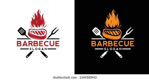 Barbecue Restaurant - Minimalist Logo Concept. Logo Of Barbecue, Grill And Bar With Fire, Grill Fork And Spatula. BBQ Logo Template. Grunge Texture. Vector Illustration