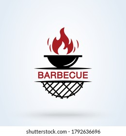 Barbecue restaurant - minimalist logo concept. Logo of Barbecue, Grill and Bar with fire, spatula. BBQ logo template. Grunge texture. Vector Simple modern icon design illustration.