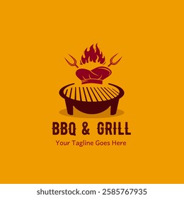 Barbecue restaurant - minimalist logo concept. Logo of Barbecue, Grill and Bar with fire, grill fork and spatula. BBQ logo template.