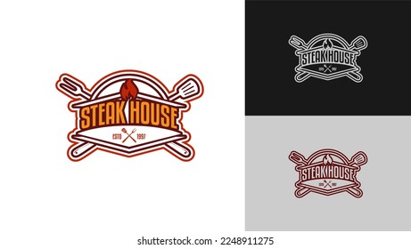 Barbecue restaurant monogram grilled meat restaurant logo - minimalist logo concept. Logo of Barbecue, Grill and Bar with fire, grill fork and spatula. BBQ logo templates. Grunge texture. 