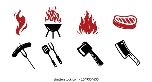 Barbecue restaurant set - Logo icon of Barbecue, Grill and Bar with fire, grill fork and spatula. BBQ logo template. Vector illustration