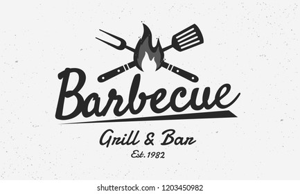 Barbecue restaurant - vintage logo concept. Logo of Barbecue, Grill and Bar with fire, grill fork and spatula. BBQ logo template. Grunge texture. Vector illustration