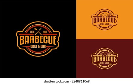 Barbecue restaurant vintage monogram logo concept - minimalist logo concept. Logo of Barbecue, Grill and Bar with fire, grill fork and spatula. BBQ logo templates. Grunge texture. Vector illustration