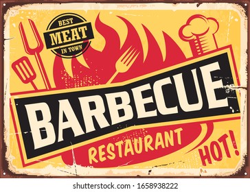 Barbecue restaurant vintage tin sign with fork , spatula, chef hat and grill fire on old rusty yellow background. Food retro vector illustration from 1950s