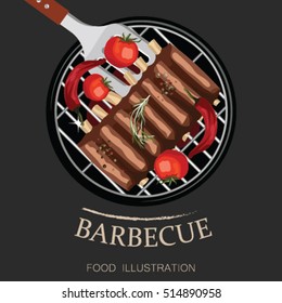 Barbecue ribs and Grill elements vector illustrator  isolated on black background for banner. Kitchen outdoor design.
