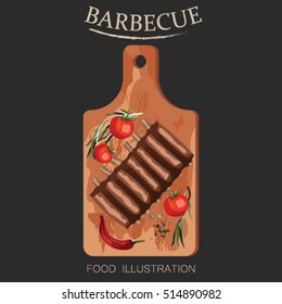 Barbecue ribs and Grill elements vector illustrator for banner. Kitchen outdoor design.
