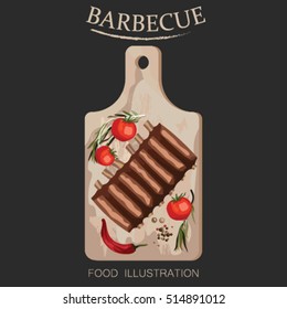 Barbecue ribs and Grill elements vector illustrator for banner. Kitchen outdoor design.