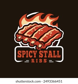 Barbecue Ribs Logo Design mit Tabal Outline, einfach und ohne Schatten, bearbeitbare Vektorgrafik