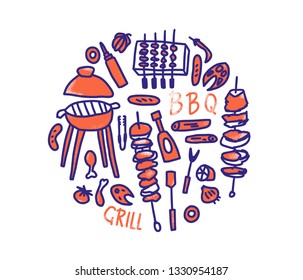 Barbecue round badge with text and signs isolated on white background. BBQ set with handdrawn lettering. Cookout symbols. Summer outdoor cooking elements. Vector color illustration.