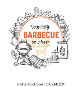 Barbecue round banners. BBQ party template with hand drawn meat, chicken, fish, sausage and tools. Vector hand drawn sketch illustration.