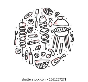 Barbecue round composition with  cookout symbols in doodle style. BBQ circle set.  Summer outdoor cooking elements. Picnic concept. Vector black and white design illustration.