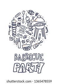 Barbecue round composition with text and cookout symbols. BBQ party flyer  template. Summer outdoor cooking elements. Vector conceptual illustration.