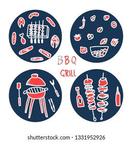Barbecue round compositions with cookout symbols and text. BBQ set with handdrawn lettering. Summer outdoor cooking elements. Vector conceptual illustration.
