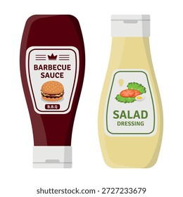 Ilustrações de embalagens para churrasco e salada. Garrafas em forma tradicional ideais para temas de churrasco e fast food. Design plano, vetor.