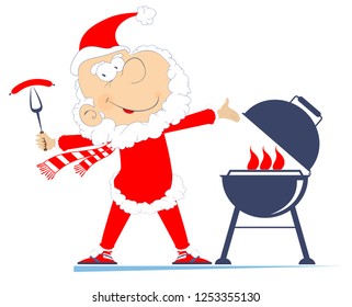Barbecue and Santa Claus illustration. Comic Santa Claus frying sausages and steaks on the grill isolated on white illustration
