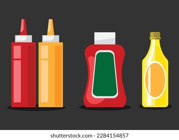 Barbecue sauce in a dispenser, sunflower oil, ketchup and mustard and honey in jars vector flat material design isolated on white