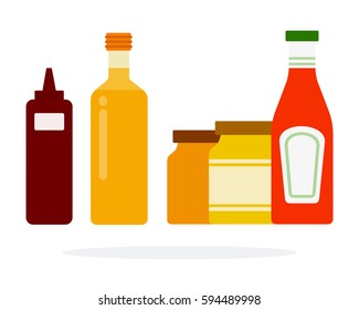 Barbecue sauce in a dispenser, sunflower oil, ketchup and mustard and honey in jars vector flat material design isolated on white
