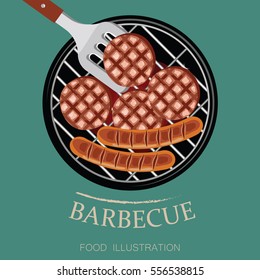 Barbecue sausage on fork and Grill elements vector illustrator for banner isolated on green background