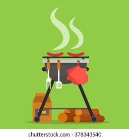 Barbecue. Sausages on grill with tools and firewood. Flat style vector illustration.