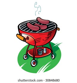 Barbecue with sausages on the lawn