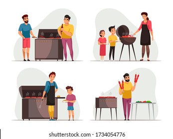 Barbecue scene set. Man frying meat and kebabs on street grill. Mother prepares for her children sausages, hamburgers on fire. Family and friends weekend pastime, cooking. Vector illustrations