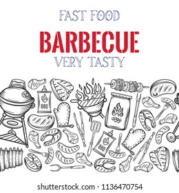 Barbecue seamless border. BBQ party template with hand drawn meat, chicken, fish, sausage and tools. Vector hand drawn sketch illustration.