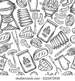 Barbecue seamless pattern. Background BBQ party with hand drawn meat, chicken, fish, sausage and tools. Vector hand drawn sketch illustration