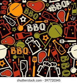 Barbecue seamless pattern. Color print on black background