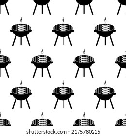 Barbecue seamless pattern. Fast food background with hot sausage on grill. Icon street food on white background. Barbecue grill party. Design for print on wrapping paper, wallpaper.Vector illustration