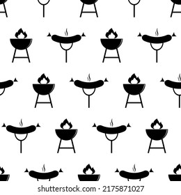 Barbecue seamless pattern. Fast food background with hot sausage on fork. Icon street food on white background. Barbecue grill party. Design for print on wrapping paper, wallpaper. Vector illustration