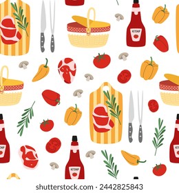 Barbecue seamless pattern. Meat steaks. BBQ picnic. Meat, ketchup, cutting board, knife, meat tongs. Background, digital paper, backdrop.