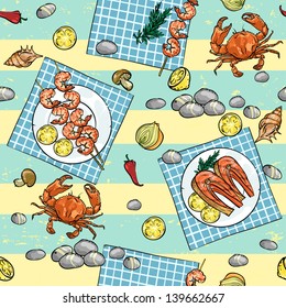 Barbecue seamless pattern, Seafood Grill background