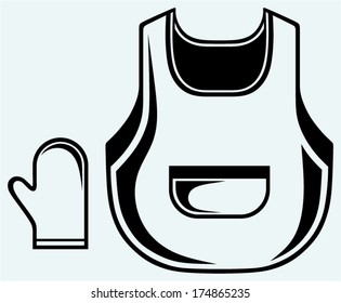 Barbecue set, apron and glove. Image isolated on blue background