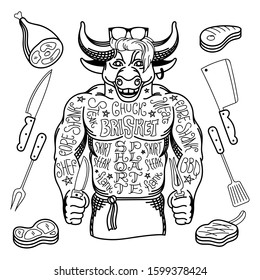 barbecue set drawn in black line