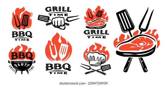 Barbecue set of emblems and badges. Bbq concept, grill food logo for restaurant menu vector illustration